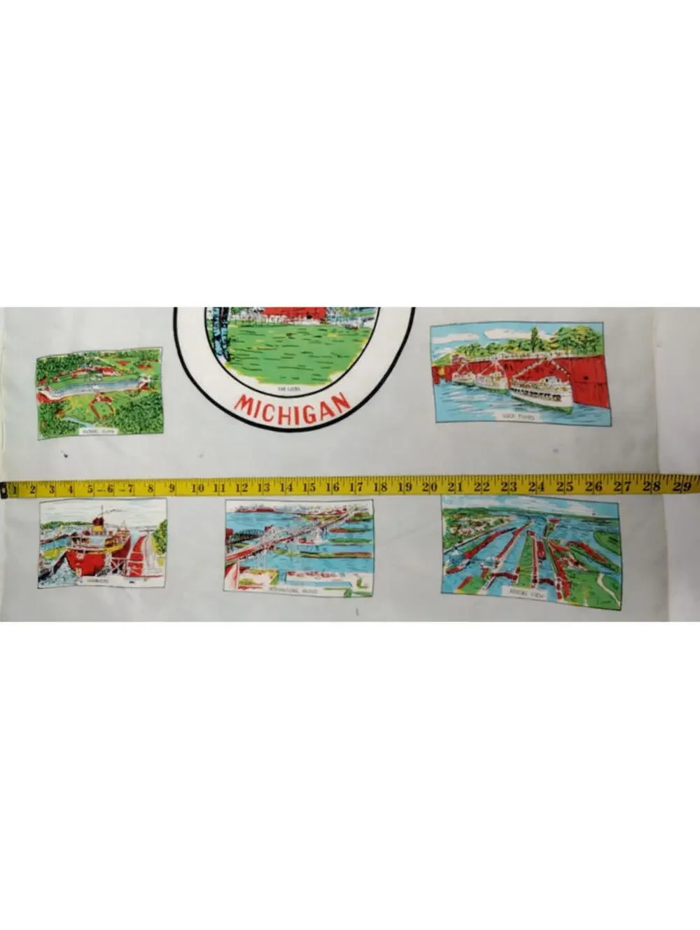 Vintage 1960s MICHIGAN SCARF SAULT STE. MARIE Souvenir Boat Ferry LARGE SIZE 28